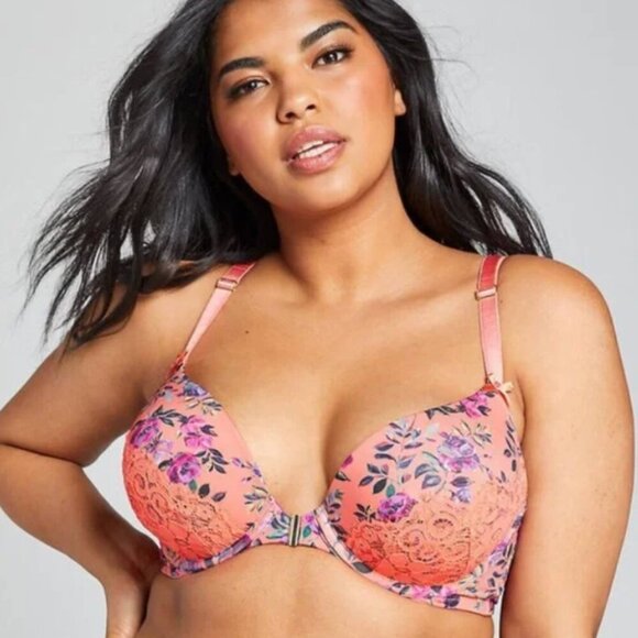 CACIQUE Floral Front Close Plunge Boost Bra in Coral Lace - Size 44DD - Picture 1 of 14